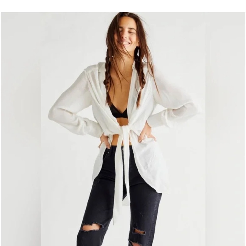 NWT Free People Worlds Apart Ivory Tie Front Blouse Tunic Collared Shirt Large - Picture 2 of 9
